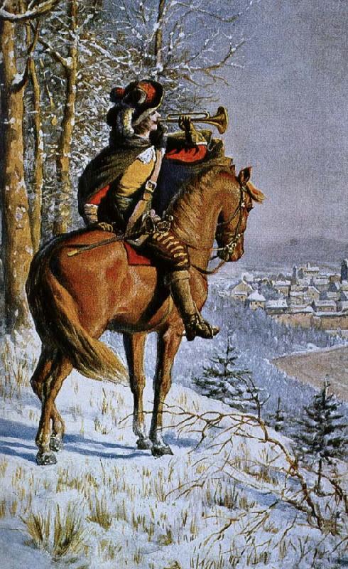 a mounted bugler blowing a large bell instrument., alexis de tocqueville